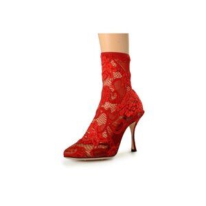 NIB $1195 Dolce & Gabbana Red Stretch Lace High Heel Booties Size 9